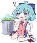  1girl ? absurdres ahoge apron blue_bow blue_dress blue_eyes blue_hair blush bow cirno collared_shirt cooking_pot dress drooling fairy full_body hair_bow highres ice ice_wings kame_(kamepan44231) open_mouth pinafore_dress pink_apron shirt shoes short_hair short_sleeves simple_background sleeveless sleeveless_dress solo touhou white_background white_footwear white_shirt wings 
