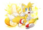  1boy banana blue_eyes finik food fruit gloves looking_at_viewer open_mouth shoes solo sonic_(series) tails_(sonic) white_gloves 