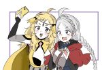  2girls ahoge black_bridal_gauntlets blonde_hair braid breasts cape capelet cellphone circlet fire_emblem fire_emblem_fates grey_hair hairband harness hood hood_down hooded_capelet large_breasts low_twin_braids multiple_girls nina_(fire_emblem) norinori_omaru o-ring open_mouth ophelia_(fire_emblem) parted_bangs phone red_capelet selfie smartphone swept_bangs teeth turtleneck twin_braids upper_teeth_only yellow_cape 