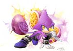  1boy artist_name dated espio_the_chameleon finik food fruit gloves highres holding holding_weapon horns kunai passion_fruit shoes signature single_horn solo sonic_(series) watermark weapon white_gloves 