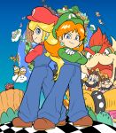  2girls 3boys back-to-back blonde_hair blue_eyes bowser bracelet checkered_floor clouds cosplay costume_switch crossed_arms dolphin earrings facial_hair flying glasses gloves hat horns island jewelry junnosu koopa_troopa lakitu long_hair luigi mario multiple_boys multiple_girls mustache open_mouth orange_hair overalls planet princess_daisy princess_peach red_eyes redhead short_hair spiked_bracelet spikes spiny super_mario_bros. sweatdrop white_gloves wiggler 