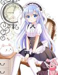  1girl animal animal_ears black_dress black_hairband black_wrist_cuffs blue_eyes blue_hair blush chair clock dress fake_animal_ears feet_out_of_frame fleur_de_lapin_uniform floppy_ears frilled_hairband frills gochuumon_wa_usagi_desu_ka? hair_between_eyes hair_ornament hairband highres kafuu_chino light_blue_hair lolita_hairband long_hair looking_at_viewer pantyhose parted_lips rabbit ryoutan short_sleeves sitting solo stuffed_animal stuffed_rabbit stuffed_toy tippy_(gochiusa) white_pantyhose wrist_cuffs x_hair_ornament 