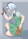  1girl ascot belt black_ascot black_hairband buttons closed_mouth green_skirt green_vest grey_background grey_hair gun h&amp;k_p7 hairband handgun highres holding holding_gun holding_weapon konpaku_youmu puffy_short_sleeves puffy_sleeves shirt short_sleeves skirt solo tomo_(f2000) touhou vest weapon white_shirt 