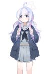  1girl :d ahoge backpack bag bag_charm beads black_coat blue_archive blue_hair charm_(object) coat commentary_request cram960 full_body grey_skirt hair_beads hair_between_eyes hair_bobbles hair_ornament hair_scrunchie halo highres kneehighs light_blue_hair long_hair long_sleeves looking_at_viewer low_twintails midriff midriff_peek multicolored_hair navel open_clothes open_coat pink_hair pleated_skirt purple_hair reisa_(blue_archive) school_uniform scrunchie serafuku shoes sidelocks simple_background skirt smile sneakers socks solo star_(symbol) star_hair_ornament streaked_hair symbol-shaped_pupils twintails two-tone_hair v-shaped_eyebrows violet_eyes white_background 