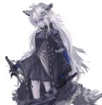  1girl animal_ear_fluff animal_ears arknights axe black_coat black_dress black_gloves coat commentary_request cowboy_shot dress gloves grey_eyes grin hair_ornament hairclip holding holding_axe lappland_(arknights) long_hair long_sleeves looking_at_viewer mogukk open_clothes open_coat scar scar_across_eye simple_background smile solo tail very_long_hair white_background white_hair wolf_ears wolf_girl wolf_tail 