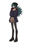  1girl aqua_eyes aqua_hair arm_at_side bad_id bad_twitter_id beanie belt black_belt black_pantyhose blue_jacket boots brown_footwear brown_shorts colored_sclera cross-laced_footwear genderswap genderswap_(mtf) green_headwear grey_sclera hair_between_eyes hand_up hat highres hiyori_sou jacket kimi_ga_shine kimiga_ttd_t0i knee_boots lace-up_boots long_hair long_sleeves pale_skin pantyhose pantyhose_under_shorts red_scarf scarf shorts simple_background solo spiky_hair very_long_hair white_background 