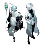  2boys absurdres aqua_hair armband bandages barefoot black_armband black_footwear black_hoodie black_pants blue_eyes blue_hair coat earrings hair_ornament hairpin hand_on_own_face highres hood hoodie intravenous_drip jewelry lab_coat long_coat looking_at_viewer male_focus mask minato_(3710o) mouth_mask multicolored_hair multiple_boys original pants purple_hair simple_background slow_downer_(vocaloid) turtleneck white_background white_hair 