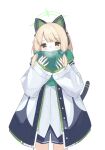 1girl animal_ear_headphones animal_ears blonde_hair blue_archive blue_necktie bow cat_ear_headphones cat_tail collared_shirt commentary cram960 fake_animal_ears green_bow green_eyes hair_bow halo headphones highres hood hooded_jacket jacket midori_(blue_archive) multicolored_clothes multicolored_jacket necktie parted_bangs scarf shirt shorts solo tail thigh-highs white_jacket wide_sleeves 