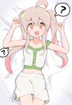  1girl ? @_@ ahoge bare_arms bed_sheet collarbone commentary cowboy_shot from_above grey_hair hair_between_eyes highres long_hair looking_at_viewer lying midriff multicolored_hair navel on_back on_bed onii-chan_wa_oshimai! open_mouth orange_eyes oyama_mahiro pink_hair riru_121 shorts solo spoken_question_mark twintails two-tone_hair white_shorts 