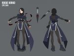  1girl absurdres black_gloves black_hood blue_footwear blue_shirt character_name concept_art english_commentary fingerless_gloves full_body gloves grace_kim highres holding holding_weapon holster japanese_clothes kiriko_(overwatch) kunai long_sleeves official_alternate_costume official_art ofuda open_hands overwatch overwatch_2 red_eyes rogue second-party_source shirt simple_background smile solo weapon white_hair 