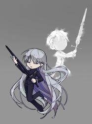  1boy 1girl alternate_universe angelica_(library_of_ruina) black_footwear black_jacket black_pants black_sweater blue_eyes feixu_(ruin) floating ghost grey_background highres holding holding_sword holding_weapon husband_and_wife jacket library_of_ruina long_hair long_sleeves looking_to_the_side mask no_gloves pants project_moon roland_(library_of_ruina) role_reversal shoes silver_trim simple_background spoilers sweater sword turtleneck turtleneck_sweater very_long_hair weapon white_hair 