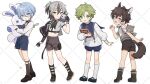  4boys aged_down animal_ears animal_on_shoulder bird bird_on_shoulder black_gloves blue_eyes blue_hair blush book brown_hair chocomilk_nu claw_pose collar earrings edmond_(nu_carnival) father_(nu_carnival) garu_(nu_carnival) girly_boy gloves green_eyes green_hair grey_hair half_gloves holding holding_book holding_stuffed_toy jewelry karu_(nu_carnival) light_blue_hair long_hair long_sleeves looking_at_viewer male_child male_focus mole mole_under_mouth multiple_boys nu_carnival official_alternate_costume olivine_(nu_carnival) owl rei_(nu_carnival) scar scar_on_face scar_on_nose short_hair simple_background single_earring smile spiked_collar spikes stuffed_animal stuffed_rabbit stuffed_toy wolf_boy wolf_ears yellow_eyes 