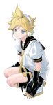  1boy absurdres aqua_eyes bass_clef black_shorts blonde_hair detached_sleeves headphones highres kagamine_len leg_warmers looking_at_viewer male_focus naoko_(naonocoto) necktie shorts simple_background solo squatting vocaloid white_background yellow_nails yellow_necktie 