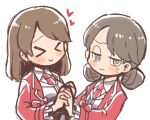  &gt;_&lt; 2girls @_@ breasts brown_hair closed_eyes closed_mouth collared_shirt commentary_request double_bun employee_(lobotomy_corporation) flat_chest frilled_sleeves frills grey_eyes hair_bun half-closed_eyes hatake_shimeji heart holding_hands jacket lobotomy_corporation long_sleeves medium_hair multiple_girls necktie no_nose open_clothes open_jacket project_moon red_jacket red_necktie shirt simple_background sketch small_breasts smile sweat vest white_background white_shirt white_vest 