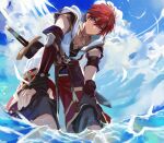  1boy adol_christin bird blue_sky clouds fingerless_gloves gloves huge_weapon jewelry looking_at_viewer necklace ocean redhead short_hair sky solo sword tatsumikkk violet_eyes water weapon ys ys_x_nordics 
