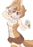  1girl animal_ears bare_shoulders blush brown_eyes brown_hair brown_shirt brown_skirt brown_thighhighs cowboy_shot dhole_(kemono_friends) dog_ears dog_girl dog_tail extra_ears gloves hair_between_eyes highres houkokukokui kemono_friends light_brown_hair looking_at_viewer one_eye_closed open_mouth pleated_skirt shirt sidelocks skirt sleeveless solo tail thigh-highs two-tone_shirt white_gloves white_hair white_shirt zettai_ryouiki 