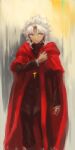  1boy amakusa_shirou_(fate) black_coat black_pants cape closed_mouth coat commentary_request cross cross_necklace expressionless fate_(series) feet_out_of_frame jewelry long_sleeves looking_to_the_side male_focus mogukk necklace pants parted_bangs red_cape shirt short_hair solo spiky_hair stole white_hair white_shirt yellow_eyes 