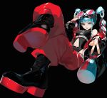  1girl black_background black_footwear blue_eyes blue_hair boots breasts clothing_cutout commentary full_body goggles goggles_on_head hatsune_miku highres magical_mirai_(vocaloid) magical_mirai_miku magical_mirai_miku_(2023) multicolored_hair navel_cutout open_mouth pants red_nails red_pants redhead reirou_(chokoonnpu) sidelocks small_breasts smile solo symbol-only_commentary teeth v vocaloid 