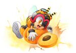  1boy apricot_(fruit) charmy_bee finik food fruit gloves highres one_eye_closed open_mouth shoes solo sonic_(series) white_gloves 
