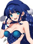  1girl armor bare_shoulders blue_choker blue_eyes blue_hair blunt_bangs blush braid breastplate choker coelacanth_(kemono_friends) fins fish_girl hatagaya head_fins kemono_friends long_hair looking_at_viewer open_mouth scales smile solo twin_braids upper_body 