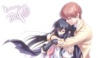  1boy 1girl angel_beats! arms_around_neck black_hair black_scarf blush brown_hair closed_eyes commentary commission couple elbow_gloves english_commentary eyelashes fingerless_gloves fingernails gloves hair_between_eyes hand_on_another&#039;s_arm hetero highres hug hug_from_behind jacket long_hair neckerchief nose otonashi_yuzuru paid_reward_available parted_lips pink_neckerchief profile scarf school_uniform second-party_source shiina_(angel_beats!) shirt short_hair short_sleeves signature simple_background skeb_commission straight_hair very_long_hair white_background white_shirt wind wind_lift yellow_jacket zen_(kamuro) 