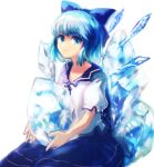  1girl blue_bow blue_eyes blue_hair blue_ribbon blue_skirt bow cirno closed_mouth collared_shirt commentary_request feet_out_of_frame flat_chest hair_bow ice ice_wings looking_at_viewer medium_bangs mogukk neck_ribbon ribbon shirt short_hair simple_background skirt smile solo touhou white_background white_shirt wings 