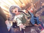 1girl asahi_rokka bang_dream! blue_hair green_eyes guitar holding_instrument jacket long_hair official_art sweat water_bottle