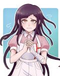  1girl bandaged_arm bandages blue_background breasts collared_shirt danganronpa_(series) danganronpa_2:_goodbye_despair highres kirin_(suzoke_1) large_breasts long_hair own_hands_together pink_eyes pink_shirt puffy_short_sleeves puffy_sleeves purple_hair shirt short_sleeves solo sweat tsumiki_mikan upper_body wavy_mouth white_background white_shirt 