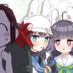  1boy 2girls animal_ears animal_ears_helmet aqua_eyes arona&#039;s_sensei_doodle_(blue_archive) backpack bag black_gloves black_hair blue_archive blue_sailor_collar blunt_bangs braid breasts bright_pupils fake_animal_ears gloves green_neckerchief halo helmet large_breasts low_twin_braids miyu_(blue_archive) multiple_girls neckerchief o_(rakkasei) purple_hair rabbit_ears raised_eyebrows red_eyes sailor_collar saki_(blue_archive) sensei_(blue_archive) shrimp sweatdrop twin_braids upper_body white_headwear white_sailor_collar yellow_neckerchief 