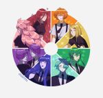  6+others amethyst_(houseki_no_kuni) aqua_hair black_necktie blonde_hair blue_hair blunt_bangs blunt_ends braid cinnabar_(houseki_no_kuni) collared_shirt color_wheel_challenge end999s gem_uniform_(houseki_no_kuni) green_hair hair_between_eyes hair_over_one_eye hair_rings highres houseki_no_kuni jade_(houseki_no_kuni) lapis_lazuli_(houseki_no_kuni) long_hair medium_hair morganite_(houseki_no_kuni) multiple_others necktie orange_hair phosphophyllite pink_hair profile puffy_short_sleeves puffy_sleeves purple_hair redhead shirt short_hair short_sleeves siblings twins twitter_username upper_body white_shirt yellow_diamond_(houseki_no_kuni) zircon_(houseki_no_kuni) 