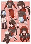  1girl :o angry black_choker black_pantyhose black_shirt blush boots border brown_footwear brown_hair choker cropped_legs danganronpa_(series) danganronpa_v3:_killing_harmony hair_ornament hair_scrunchie harukawa_maki highres hood hood_up hoodie kirin_(suzoke_1) knee_boots layered_sleeves long_hair long_sleeves low_twintails mole mole_under_eye multiple_views pants pantyhose pout print_shirt red_eyes red_hoodie red_scrunchie scrunchie see-through see-through_skirt shirt short_over_long_sleeves short_sleeves sitting skirt sparkle translation_request twintails white_border white_pants 