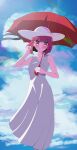  1girl absurdres arima_kana black_ribbon blue_sky blush bob_cut closed_mouth clouds collarbone commentary cumulonimbus_cloud dress english_commentary feet_out_of_frame floating_hair hand_in_own_hair hat hat_ribbon head_tilt highres holding holding_umbrella inverted_bob lens_flare looking_at_viewer medium_hair mon_monn oshi_no_ko outdoors red_eyes red_umbrella redhead ribbon shadow sky sleeveless sleeveless_dress smile solo standing sun_hat sundress sunlight umbrella white_dress white_headwear 
