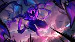  1girl blue_skin colored_skin demon_girl evelynn_(league_of_legends) gem glowing glowing_eyes highres league_of_legends looking_at_viewer official_alternate_costume official_art outdoors pink_clouds pink_skin solo soul_fighter_evelynn sunset tentacles 