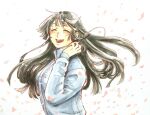  1girl black_hair blue_jacket blush closed_eyes commentary_request floating_hair hand_up highres jacket long_hair nashii_(rinkaitentoppa) open_mouth petals protagonist_2_(housamo) sidelocks smile solo teeth tokyo_afterschool_summoners upper_body upper_teeth_only white_background 