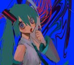  000v666 1girl abstract_background alternate_eye_color aqua_hair aqua_necktie bare_shoulders blue_background blush_stickers collared_shirt detached_sleeves from_side grey_shirt grey_sleeves hair_between_eyes hair_ornament hand_up hatsune_miku highres long_hair long_sleeves looking_at_viewer looking_to_the_side necktie open_mouth shirt sleeveless sleeveless_shirt solo tongue tongue_out twintails upper_body violet_eyes vocaloid wide_sleeves 