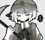  ... black_bow black_bowtie blood blue_eyes bow bowtie collared_shirt cookie_(touhou) green_vest hardhat helmet heterochromia high-visibility_vest holding holding_pickaxe inm_6904 konpaku_youmu medium_bangs narrowed_eyes pickaxe red_eyes shirt short_hair simple_background sketch touhou vest white_hair white_shirt zerukalo_(cookie) 