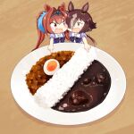  2girls animal_ears blush bow bowtie brown_eyes brown_hair chibi daiwa_scarlet_(umamusume) ear_ornament food frilled_skirt frills hair_between_eyes hair_over_one_eye hinata_yuu horse_ears horse_girl multiple_girls open_mouth pointing purple_skirt red_eyes skirt umamusume vodka_(umamusume) 