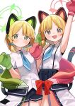  2girls absurdres animal_ear_headphones animal_ears arm_up black_shorts black_skirt blonde_hair blue_archive blush breasts cat_ear_headphones closed_mouth clothes_around_waist coat collared_shirt fake_animal_ears green_eyes halo headphones highres looking_at_viewer midori_(blue_archive) mittens momoi_(blue_archive) multiple_girls nnmbpx open_clothes open_coat open_mouth pleated_skirt red_eyes shirt short_sleeves shorts siblings simple_background skirt sleeveless sleeveless_shirt small_breasts suspender_skirt suspenders sweat tail twins white_background white_shirt 