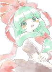  1girl bow commentary front_ponytail green_eyes green_hair hair_bow hair_ribbon highres kagiyama_hina long_hair looking_at_viewer red_bow red_ribbon ribbon sanunu36 short_sleeves simple_background solo teeth touhou traditional_media upper_body upper_teeth_only white_background 