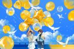  2boys :d ^_^ absurdres arms_up balloon bird black_ribbon black_shirt black_shorts blue_sky blunt_ends bridal_gauntlets chinese_commentary closed_eyes closed_mouth clouds commentary_request confetti cowboy_shot day dual_persona genshin_impact hair_between_eyes hand_on_own_hip happy heart heart_balloon highres jacket japanese_clothes kimono long_sleeves looking_at_another male_focus multiple_boys open_clothes open_jacket open_mouth outdoors parted_bangs pom_pom_(clothes) purple_hair purple_kimono purple_sash railing red_ribbon ribbon sash scaramouche_(genshin_impact) scaramouche_(kabukimono)_(genshin_impact) shirt short_hair short_sleeves shorts sidelocks sky smile standing star_(symbol) star_balloon turtleneck vest violet_eyes vision_(genshin_impact) wanderer_(genshin_impact) white_jacket white_vest xinxi97251086 