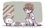  ... 1boy :/ @_@ all-around_helper bowl brown_hair closed_mouth coat collared_shirt commentary_request employee_(lobotomy_corporation) grey_eyes grey_footwear grey_vest hatake_shimeji kneeling lobotomy_corporation long_hair long_sleeves necktie open_clothes open_coat pants pet_bowl project_moon red_necktie shirt short_hair speech_bubble spoken_ellipsis translation_request vest white_coat white_pants white_shirt 