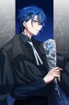  1boy absurdres blue_eyes blue_flower blue_hair blue_nails commentary_request floral_background flower hair_ornament hairpin highres holding holding_flower kaito_(vocaloid) leaf long_sleeves looking_at_viewer male_focus multiple_hairpins necktie parang_99 project_sekai sideways_glance solo teeth vocaloid white_necktie zozotown 