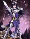  1girl armor ayra_(fire_emblem) black_gloves black_hair breastplate commentary_request commission dress earrings elbow_gloves fire_emblem fire_emblem:_genealogy_of_the_holy_war foreshortening gloves highres jewelry kakiko210 long_hair looking_at_viewer night night_sky pauldrons pelvic_curtain shooting_star shoulder_armor skeb_commission sky solo star_(sky) starry_sky sword thigh-highs violet_eyes weapon 