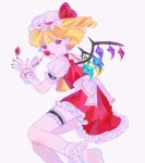  1girl ascot back_bow blonde_hair bobby_socks bow crystal ear_piercing flandre_scarlet food foot_out_of_frame fork frilled_skirt frills fruit hat hat_ribbon highres holding holding_fork looking_at_viewer medium_hair mob_cap open_mouth piercing pointy_ears puffy_short_sleeves puffy_sleeves red_eyes red_ribbon red_skirt red_vest ribbon shirt shiwaiji short_sleeves simple_background skirt socks solo strawberry thigh_strap touhou vest white_background white_headwear white_shirt white_socks wings wrist_cuffs yellow_ascot 