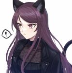  ! 1girl animal_ears aoki_shizumi black_jacket black_shirt cat_ears cat_girl cat_tail gundou_mirei gundou_mirei_(5th_costume) jacket long_hair nijisanji purple_hair see-through shirt simple_background slit_pupils solo spoken_exclamation_mark tail very_long_hair violet_eyes white_background 