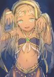  1girl absurdres aqua_eyes arabian_clothes blonde_hair commentary_request dark-skinned_female dark_skin highres idolmaster idolmaster_cinderella_girls layla_(idolmaster) long_hair midriff nametake open_mouth smile solo straight_hair white_veil 