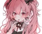  1girl black_bow blush bow commentary_request earrings fang hair_bow heart heart_earrings heart_in_eye jewelry long_hair looking_at_viewer momoi_airi open_mouth pink_eyes pink_hair pink_nails project_sekai solo symbol_in_eye twintails uya_(moffy03) 