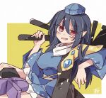  1girl :d armor blue_dress blue_hair breasts commentary_request dark_blue_hair dress geta hair_between_eyes hand_up hat holding_tripod iizunamaru_megumu long_hair looking_at_viewer medium_breasts minoru_minoru open_mouth pauldrons pointy_ears red_eyes shoulder_armor simple_background single_pauldron sitting smile solo tengu-geta tokin_hat touhou v-shaped_eyebrows wide_sleeves yellow_background 