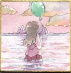  1girl balloon border brown_hair clouds cloudy_sky commentary_request facing_away floating_hair from_behind hair_down hand_up holding holding_balloon koto_(patina375887) long_hair long_sleeves madotsuki mountain painting_(medium) photo-referenced pink_sky pink_sweater pink_water red_skirt reflection reflective_water ripples shikishi skirt sky solo sweater traditional_media wading watercolor_(medium) yellow_border yume_nikki 