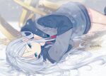  1girl bare_legs blue_eyes blue_hair closed_mouth commentary hood hood_down hoodie long_hair long_sleeves lying on_side project_sekai sleeves_past_wrists sohu solo twitter_username water yoisaki_kanade 